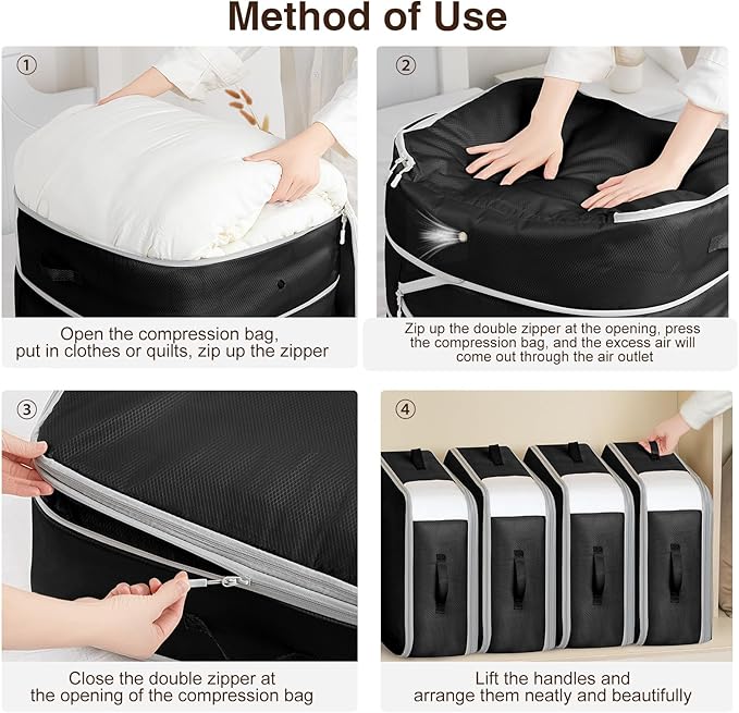 4 Pack Compression Storage Bags - 110L Large Capacity Comforter Storage Bag, 3-Layer Washable Ultra Space Saving Self Compression Organizer Space Bags for Blanket, Sweater, Sheet, Black