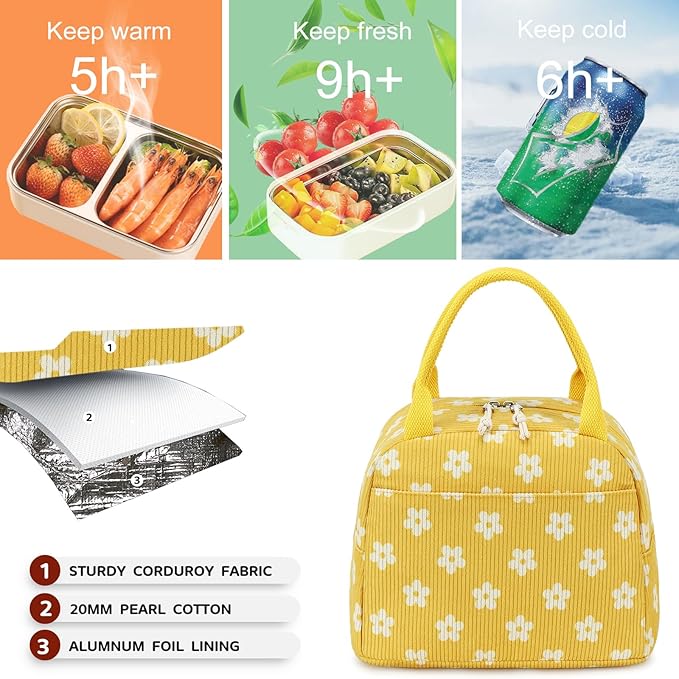 Bluboon Lunch Bag for Women Men Cute Corduroy Lunch Tote Bags Reusable Insulated Lunch Box Large Capacity Reusable Insulated Cooler for Work Picnic or Travel