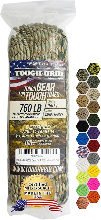 TOUGH-GRID 750 Paracord Rope Nylon Parachute Cord, Made in USA Survival Kit, Outdoor Adventures, Camping, Tactical Gear & Emergency Supplies, Military Type IV Mil-Spec