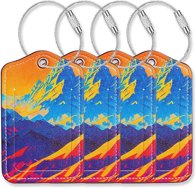 Luggage Tags for Suitcases-Leather Luggage Tag 4 Pack with Loops Cute Bag/Backpack/Suitcase Tags Travel Essentials for Flying (Brick Mountain)