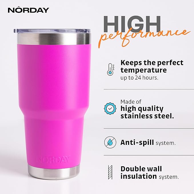 NORDAY | Tumbler with Lid - 30oz - Pink Insulated Tumbler - Stainless Steel Tumblers - Double Wall Vacuum Insulated Travel Coffee Mug for Car Cup Holder - Keeps Temperature for 24hr - Anti Spill Lid