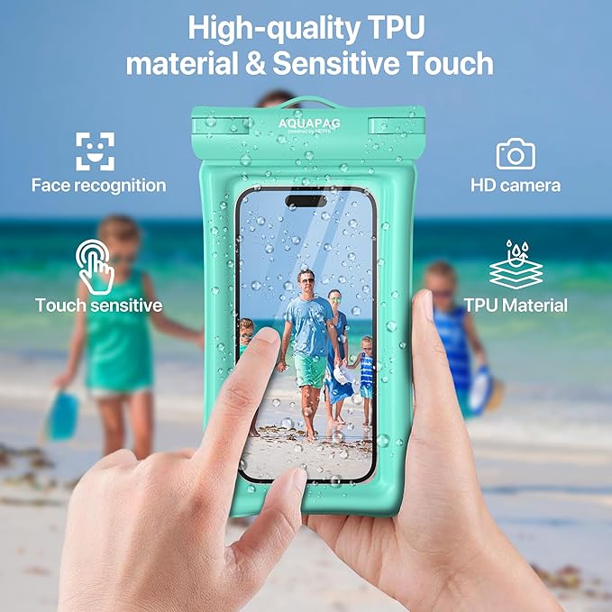 NEPHI IP68 Waterproof Phone Pouch 2 Pack-Up to 8.0"，Adjustable Neck Lanyard Floating Waterproof Phone Case for iPhone,Phone Dry Bags for Vacation Beach Pool Travel Essentials (Aqua Green White 2 pack)