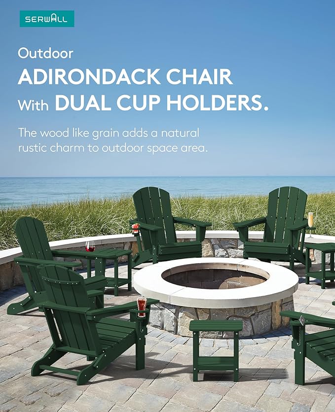 SERWALL Adirondack Chair with Cup Holders - Composite Adirondack Chairs Set of 8 HDPE Outdoor Chairs All Weather Use- Green