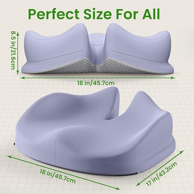 Benazcap Large Seat Cushion for Office Chair Memory Foam Coccyx Pain Relief Cushion Pillow for Back Support Non-Slip Seat Pad for Office Desk, Car Seat, Wheelchair, Sciatica-Blue