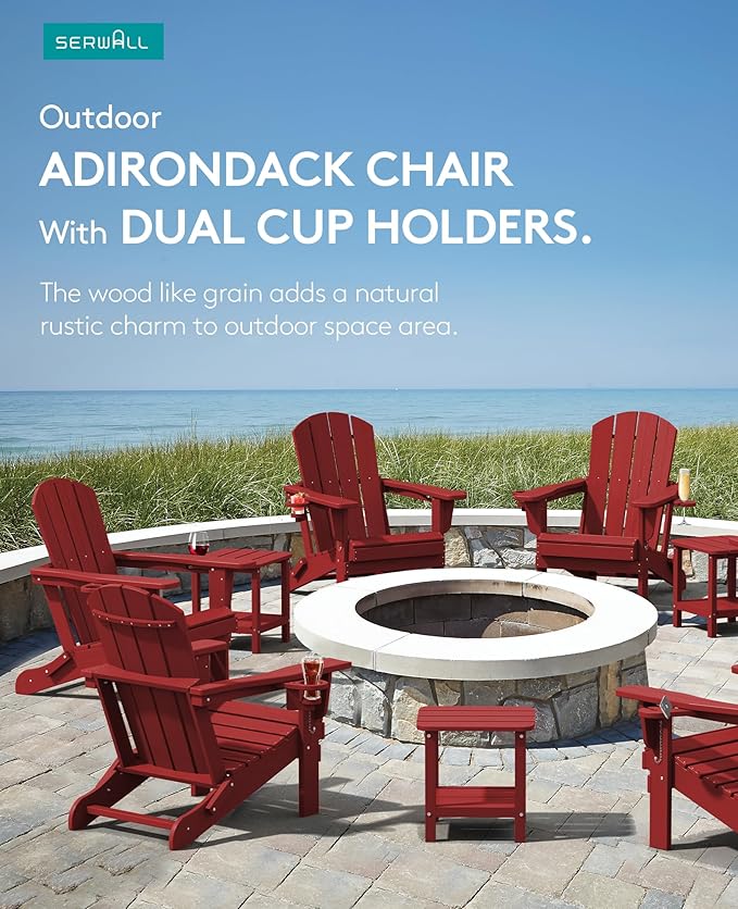 SERWALL Adirondack Chair with Cup Holders - Composite Adirondack Chairs HDPE Outdoor Chairs All Weather Use- Dark Red