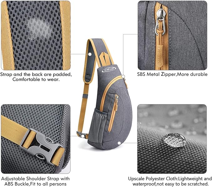 G4Free Sling Bag for Men Women, Small Crossbody Backpack Lightweight Chest Shoulder Bags for Travel, Outdoor and Sports (Grey Yellow)