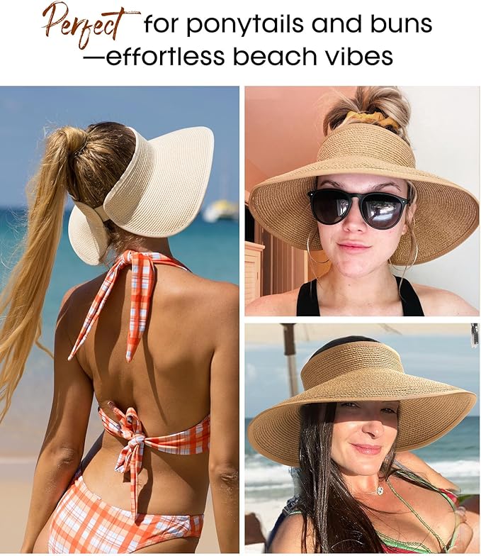 Womens Sun Visor Hats Wide Brim Straw Beach Hat UV Protection Ponytail Packable Beach Vacation Essentials