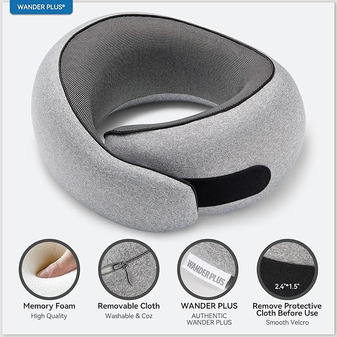 WANDER PLUS® Travel Neck Pillow, Pure Memory Foam Neck Pillow for Airplanes, Comfortable Breathable Cover, 360 Degree Support Ergonomic Design Best for Sleeping Plane Train Travel Essentials Max Black