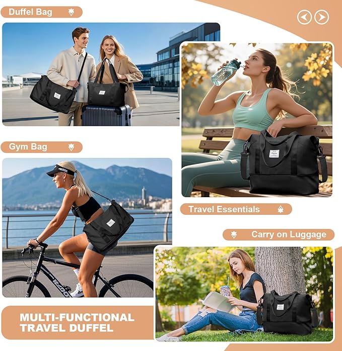 Travel Duffel Bag, Sports Tote Gym Bag, Shoulder Weekender Overnight Bag for Women