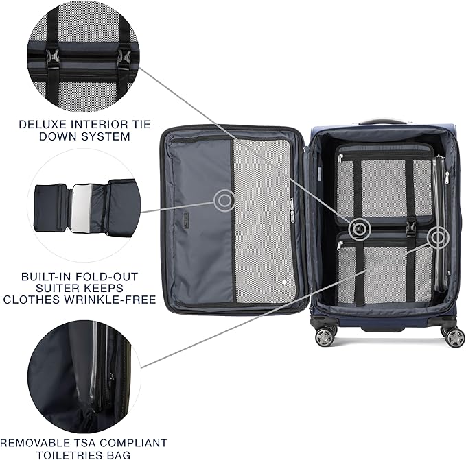 Travelpro Platinum Elite Softside Expandable Checked Luggage, 8 Wheel Spinner Suitcase, TSA Lock, Men and Women, Dark Blue, Checked Medium 25-Inch