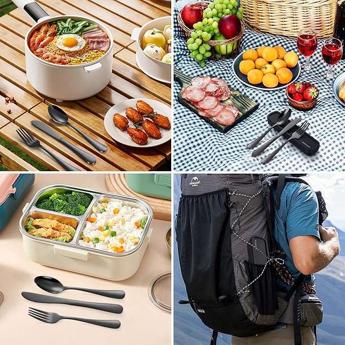 Travel Utensils with Case, 4-Piece Stainless Steel Portable Cutlery Set, Reinforced Case with Buckle Design, Lunch Box for Camping Work School, Include Fork Spoon Knife, Dishwasher Safe, Black