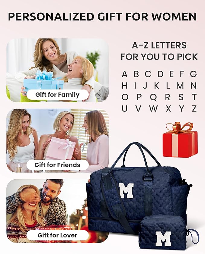 Gifts for 7 8 9 10 11 12 13 14 15 16 Year Old Girls-Initial Duffle Bag with Shoe Compartment, Personalized Weekender Bag, Overnight Bags for Women, Travel Bag with Makeup Bag (Letter J)