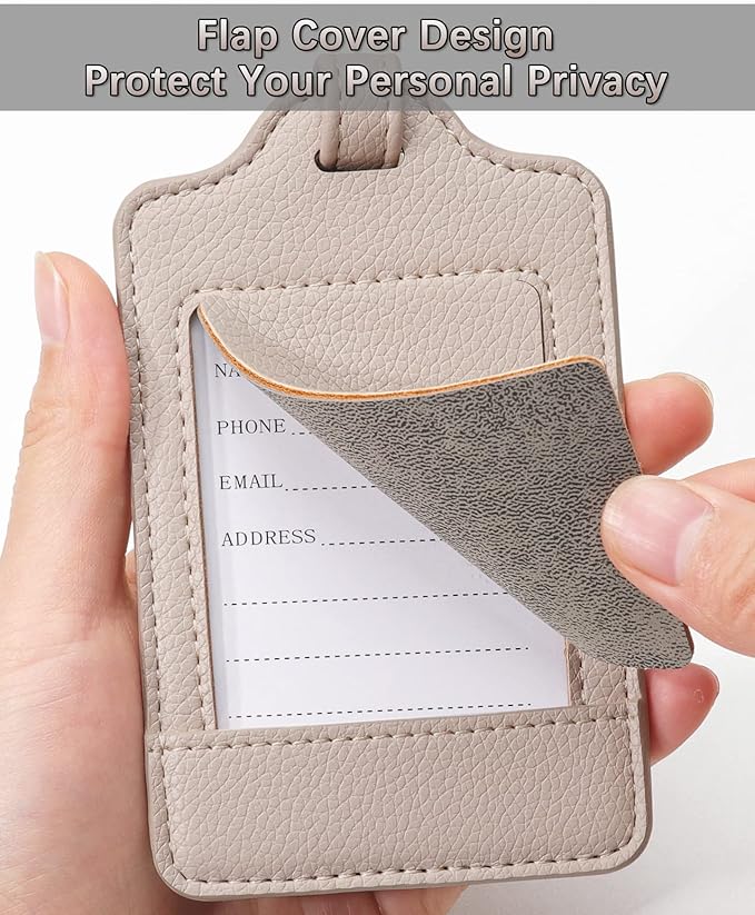 Teskyer Luggage Tags, 3 Pack Premium PU Leather Luggage Tags for Suitcases, Privacy Protection Travel Bag Tags, Lichee Beige