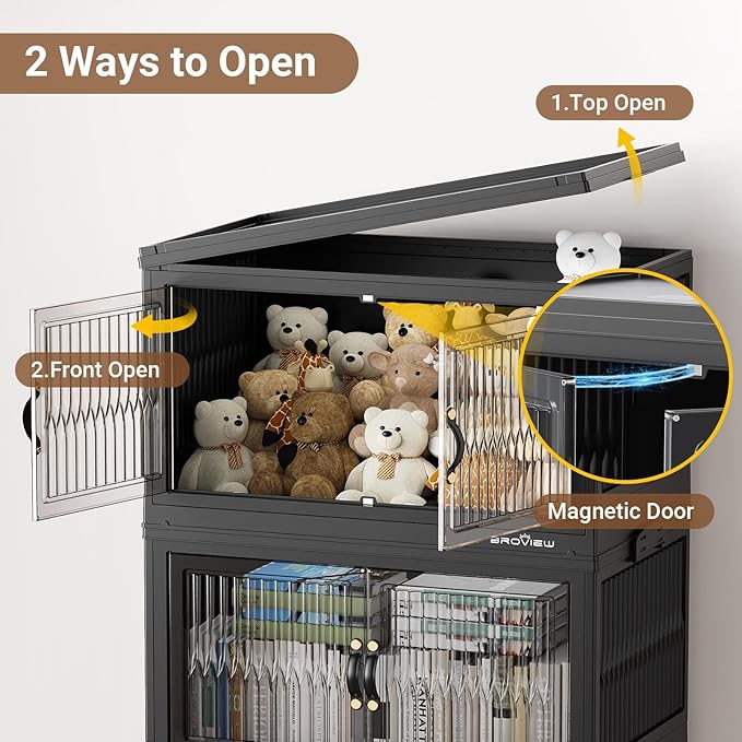 BROVIEW 300Qt Stackable Storage Bins with Lid, Extra Large Closet Organizer Collapsible Drawer Boxes with Wheels, Folding Plastic Cabinet Containers for Home Kitchen Room Organization, 3Pack Black