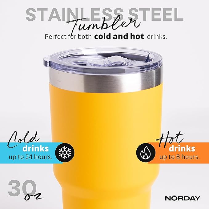NORDAY | Tumbler with Lid - 30oz - Yellow Insulated Tumbler - Stainless Steel Tumblers - Double Wall Vacuum Insulated Travel Coffee Mug for Car Cup Holder - Keeps Temperature for 24hr - Anti Spill Lid