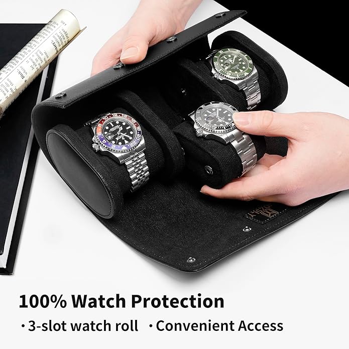 MOZSLY Watch Roll Travel Case 3 Slots Portable Watches Box Organizer Storage Holder Pattern PU Leather