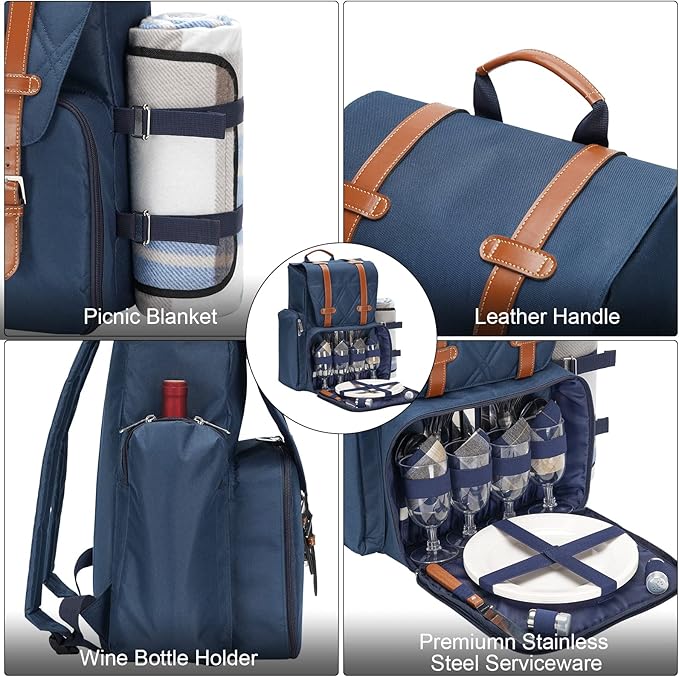 Picnic Backpack for 4 Person with Large Insulated Cooler Bag, Picnic Basket Set with Wine Pouch, Waterproof Picnic Blanket & Cutlery Set. Perfect for, Camping, Party,Wedding Gift for Couple,Blue