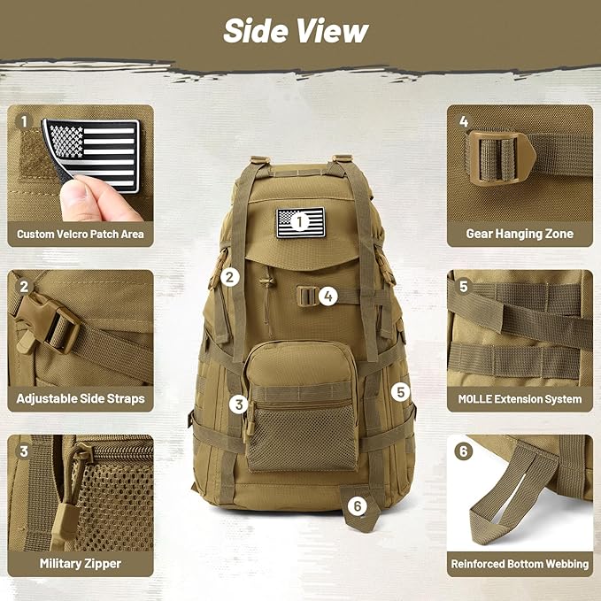 50L Tactical Backpack for Men and Women, Water-Resistant Molle Rucksack, Large Military Assault Pack for Hiking, Hunting, Camping, Gym & Outdoor Survival Khaki
