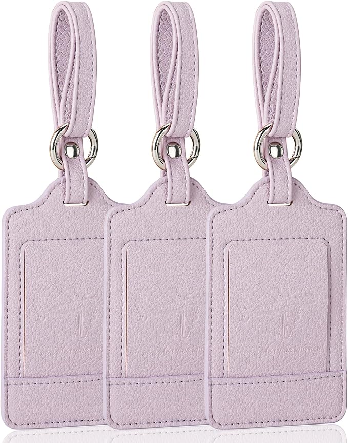 Teskyer Luggage Tags, 3 Pack Premium PU Leather Luggage Tags for Suitcases, Privacy Protection Travel Bag Tags, Lichee Lilac
