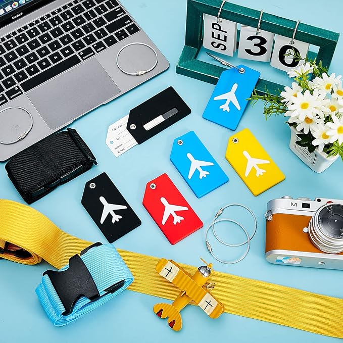 Weewooday 8 Pcs Luggage Straps Suitcase Tags Set for TSA Approved, 4 Travel Adjustable Suitcase Belt, 4 Silicone Luggage Tags with Name ID Card Travel Accessories(Red, Blue, Black, Yellow,Airplane)