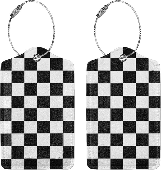 2 Pack Luggage Tags for Suitcase,Black and White Grid PU Leather Travel Luggage Tag with Privacy Flap, Name ID Label and Metal Loop for Women Men Suitcase Baggage Bag Backpack