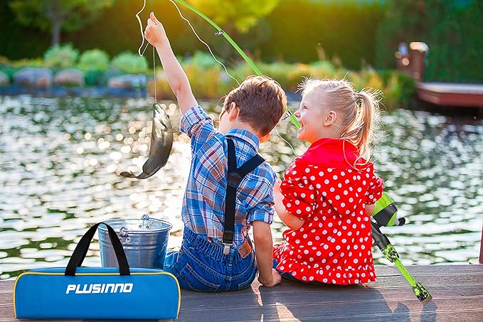 PLUSINNO Kids Fishing Pole with Spincast Reel Telescopic Fishing Rod Combo Full Kits for Boys, Girls, and Adults