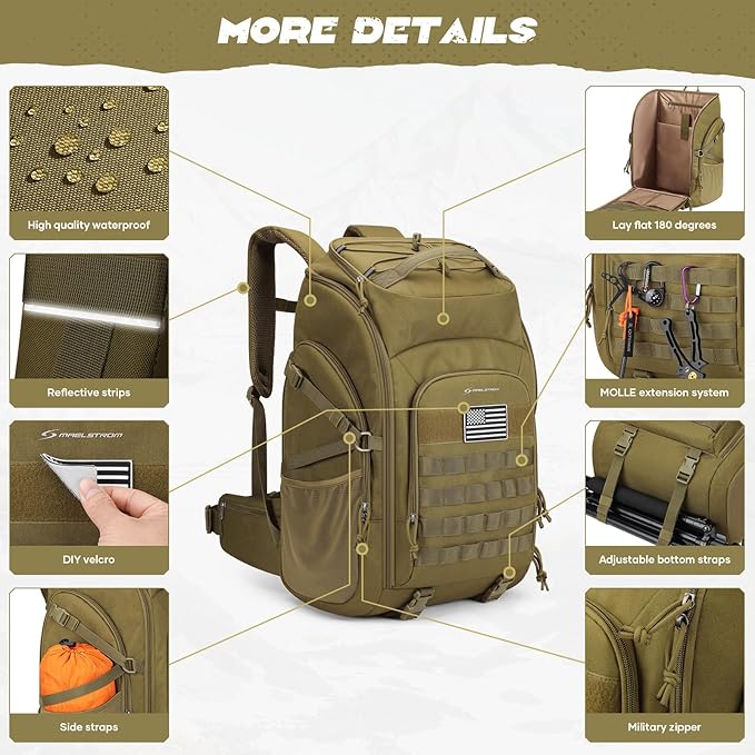 Maelstrom Tactical Backpack for Men, 40L Military Backpack,Water Resistant Assault Pack for Women, 3-Day Bug Out Bag for Hiking, Camping, Gym with Molle System-Khaki