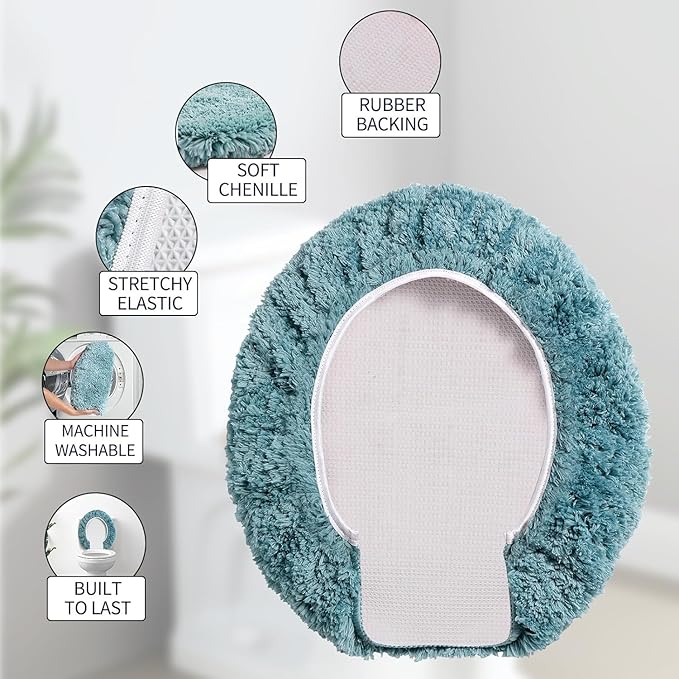 Microfiber Elongated Toilet Seat Cover 19.5"x 15" Machine Washable Solid Toilet Lid Cover Adjustable Rubber Backing Fits Most 18-19.5" L x 14-16" W Elongated Toilet Seat
