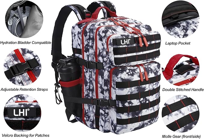 LHI Military Tactical Backpack for Men and Women 45L Army 3 Days Assault Pack Bag Large Rucksack with Molle System Black and white