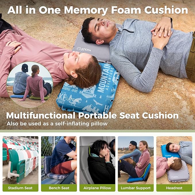 ATEPA Inflatable Stadium Seat Cushion, Self-Inflating Memory Foam Stadium Seats Bleacher Seat Chair Cushion Pad for Airplane Travel Backpacking Sports Events
