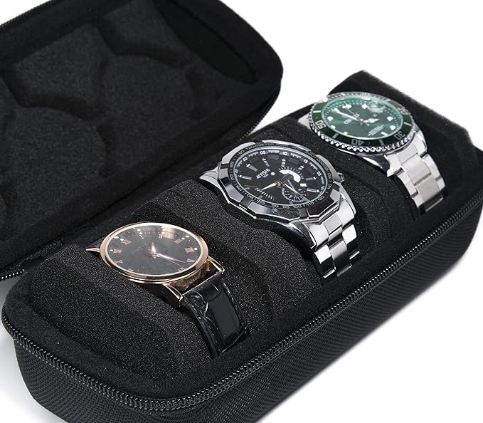 3 Slot Hard Watch Travel Case, Watch Roll Case Storage and Organizer for Men and Women, with anti-move watch pillow (Black fabric 3Slots)
