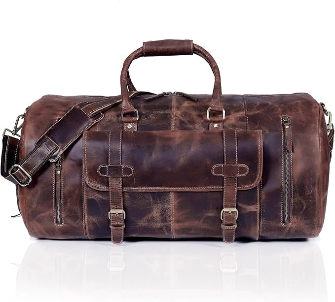 24 Inch Genuine Leather Duffle Bag for Men Travel Overnight Weekender Leather Duffel Bags Sports Gym Duffel for Men and Women Carry On Luggage for Traveling