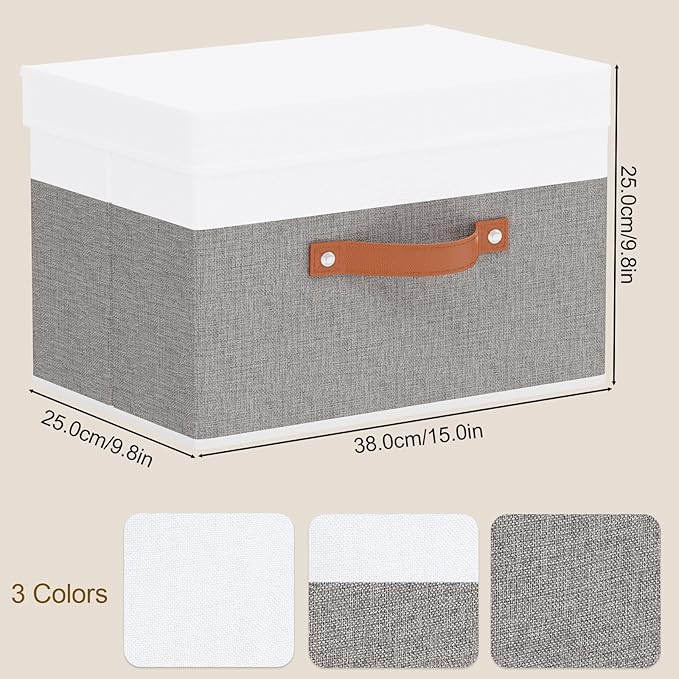 Fabric Storage Bins with Lids, 1 Pack Linen Foldable Cloth Baskets, 15 x 9.8 x 9.8 Inch Closet Organizer Containers with Double Handles, Sweater Boxes for Bedroom, White and Grey