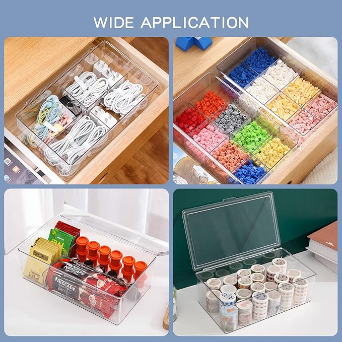 Yesesion Clear Plastic Cord Organizer Box with Adjustment Compartments, Large Cable Management Case with Lid and 10 Wire Ties for Desk Drawer, Home Office, Art Supply, Electronic Accessories (1 PACK)