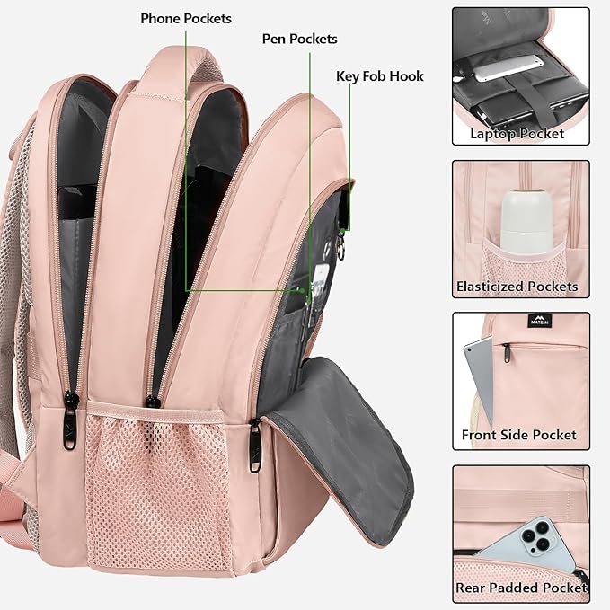 MATEIN 15.6 inch Laptop Backpack, Cute Slim Computer Travel Backpack with USB Port, Carry On Casual Daypack Bag Gifts for Women Teacher Nurse, Pink