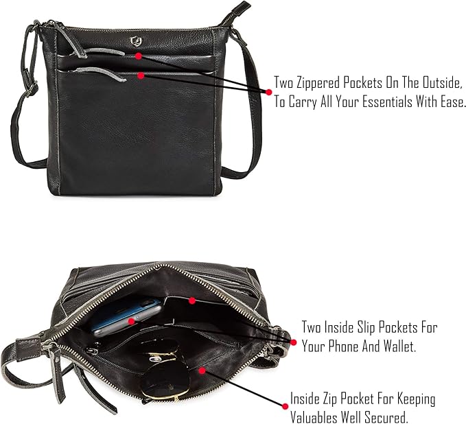 Small Soft Genuine Leather Crossbody Purse Women’s Sling Crossover Shoulder Travel Handbag with Triple Zipper