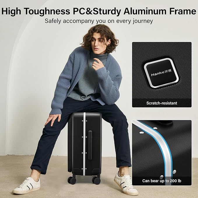 Hanke 20 Inch Carry On Luggage with Cup Holder and Charge,Top Opening Hard Shell Suitcases with Wheels and Dividers,Aluminum Frame Trunk Luggage Small Suitcase with Lock for Travel,Jet Black
