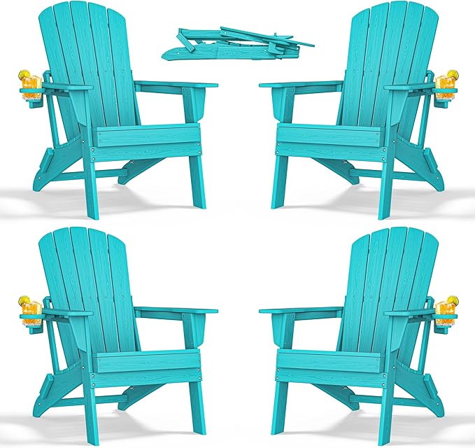Folding Adirondack Chair - Extended Ergonomic Backrest, Cup Holder - Easy Assembly - Durable HDPE Plastic, Weather Resistant & Maintenance-Free - Lawn, Patio, Deck Supports 380lbs Aruba