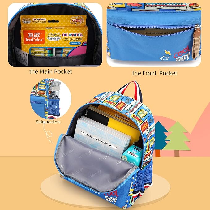 willikiva Cartoon Bus 12 Kindergarten Backpack for Kids Girls and Boys,Waterproof Preschool Toddler Backpack Wiht Leash and Safety Harness (Car)
