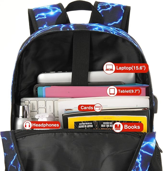 17.3 Inch School Backpack,Lightweight Bookbag Men and Teen Boy Back Pack with USB Charging Port for High School College