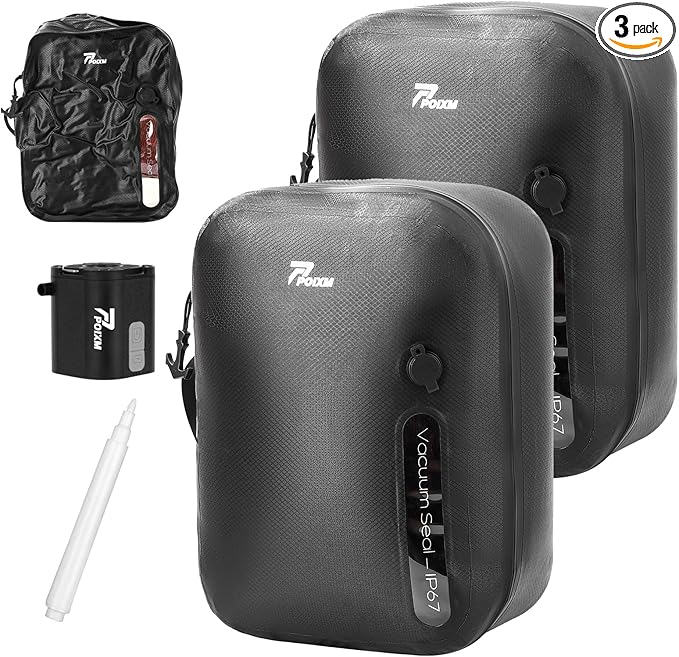 Vacuum Bags for Travel with Wireless Pump, 180° Open Zipper, IP67 Waterproof, Reusable Space Saver Compression Bags for Backpack, Suitcase, Home Storage(2 Pack + Pump)