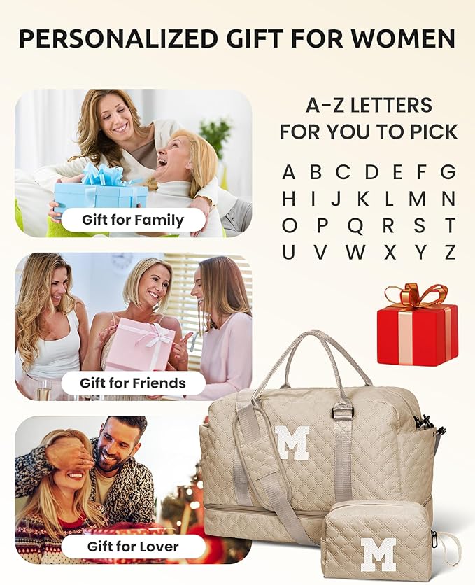 Stuff for Girls 17-18, Gifts for Women-Initial Travel Bag with Shoe Compartment, Personalized Weekender Bag, Monogram Overnight Bag for Women, Letter Travel Bag with Makeup Bag (Letter W)