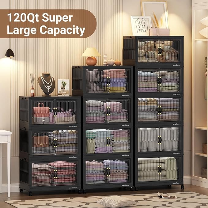 BROVIEW 480Qt Stackable Storage Bins with 4 Lids, Extra Large Closet Organizer Collapsible Drawer Boxes with Wheels, Folding Plastic Cabinet Containers for Home Kitchen Room Organization, 4Pack Black