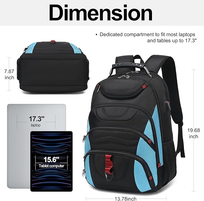 Boavan Laptop Backpack for men, 17.3 inch Laptop Bag with USB Port, Waterproof Travel Work Backpack Purse, Anti-Theft Teacher Nurse Doctor Casual Bookbags Office Business backpack，Black&Sky Blue