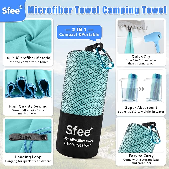 Sfee XL Microfiber Towel, Quick Dry Beach Towel Set 2 Pack - Super Absorbent, Lightweight, Compact, Bath Towel for Travel, Gym, Hiking, Pool, Backpacking, Yoga, Mint