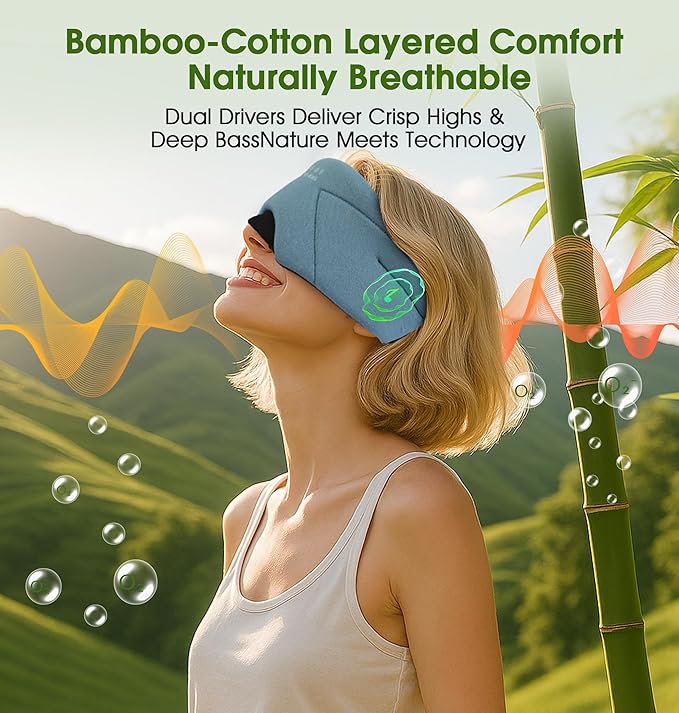 Sleep Mask with Headphones Bluetooth 5.4, LC-dolida Wireless Music Eye Mask for Sleeping Headphones with Soft Bamboo Cotton Cooling Breathable,Ultra-Thin Stereo Speaker for Side Sleepers-Ash Blue