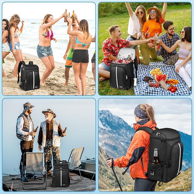 Backpack Cooler Insulated Leak Proof 35 Cans, 2 Insulated Compartments Thermal Bag, Portable Lightweight Beach Travel Camping Lunch Backpack for Men and Women, 30L, Reflective Stripes, Water-Resistant