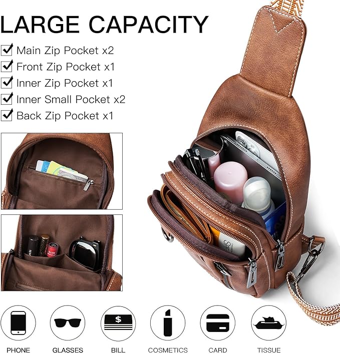 7L Sling Bag for Women Men Leather Small Sling Backpack Daypack Anti Theft Fanny Pack Crossbody Purse Travel