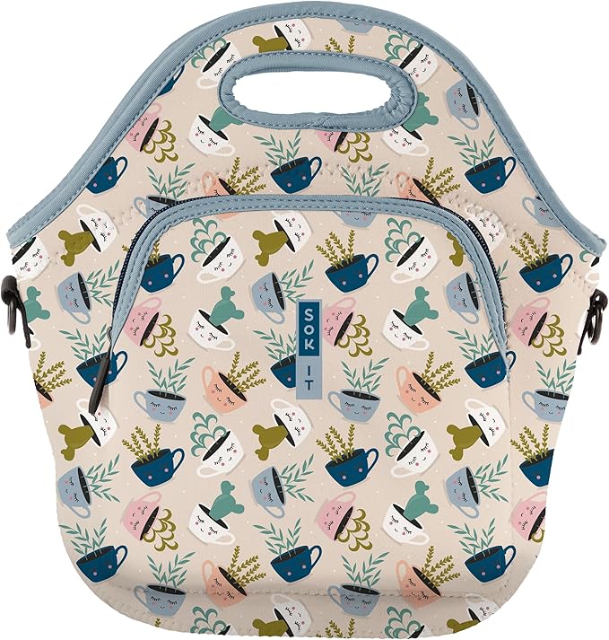 Sok It LunchTote Zippered Bag Insulated Neoprene Caddy (Botanical Teacups, X-Large 6.5 Quart Lunch Tote)