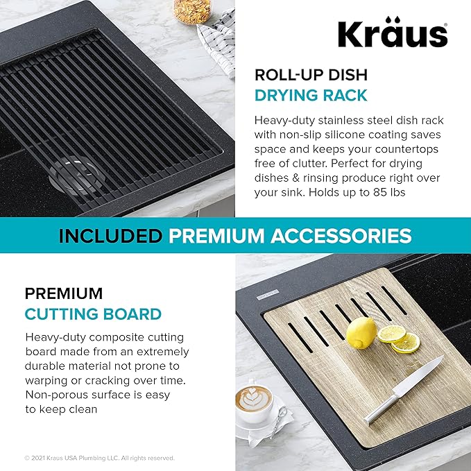 KRAUS Bellucci Workstation 33 in. Drop In Single Bowl Granite Kitchen Sink in Metallic Gray with Accessories, KGTW2-33MGR